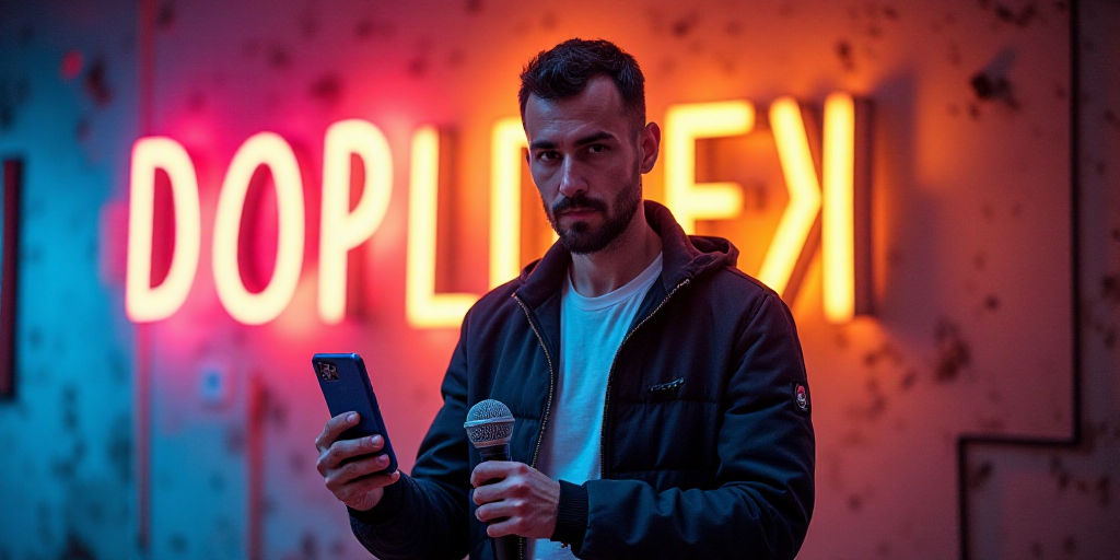 a man standing in front of a colorful sign holding a cell phone in his hands and a microphone in his