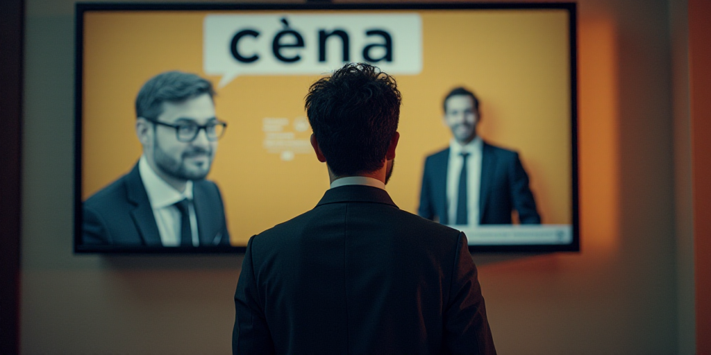 a man standing in front of a display with a sign that says ciena on it and a picture of a man in a s