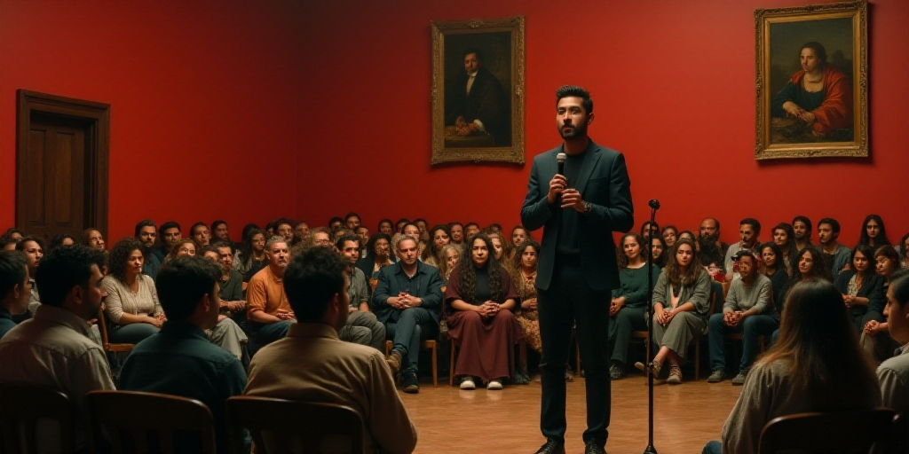 a man standing in front of a group of people in a room with red walls and a microphone in his hand,