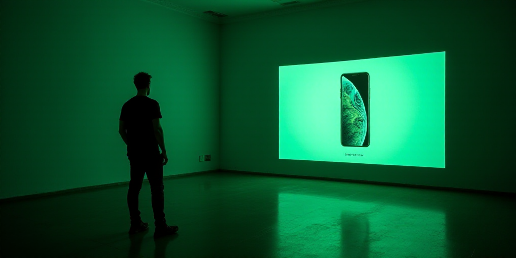 a man standing in front of a large screen with a cell phone on it's display screen and a green light