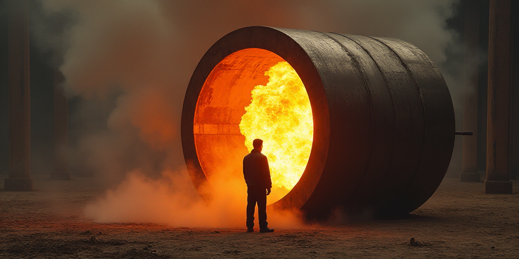 a man standing in front of a large metal object with a large flame coming out of it's mouth, Cao Zhi