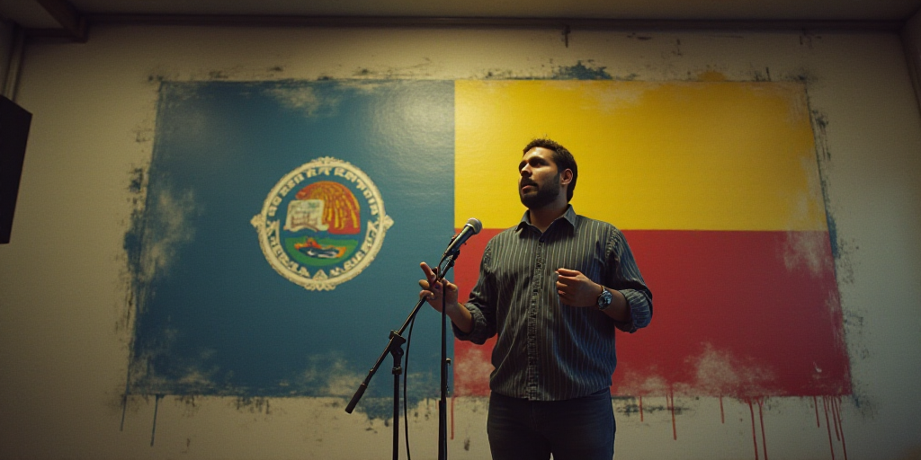 a man standing in front of a large poster on a wall with a flag on it and a microphone in his hand,