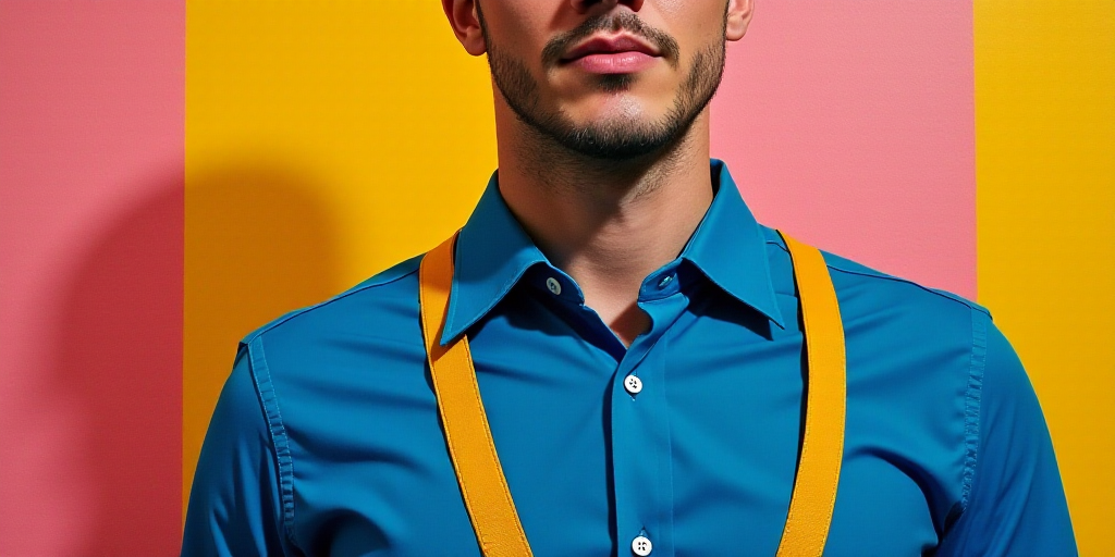 a man standing in front of a painting of a man in a blue shirt and a yellow lanyard, Benjamin Marra,