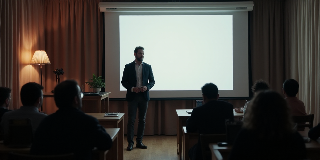 a man standing in front of a projection screen giving a presentation to a group of people in a room,