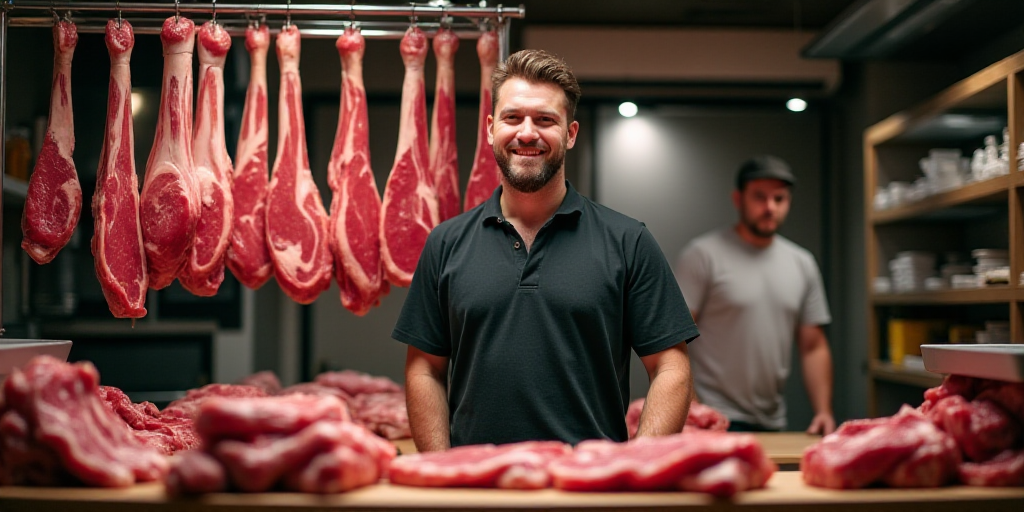 a man standing in front of a rack of meat on display at a butcher shop with a man in the background,