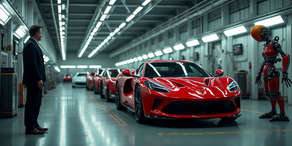a man standing in front of a red car in a factory with other cars on the assembly line behind him, D