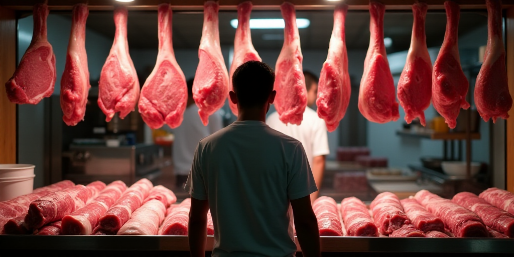 a man standing in front of a rack of meat on display at a butcher shop with a man in the background,