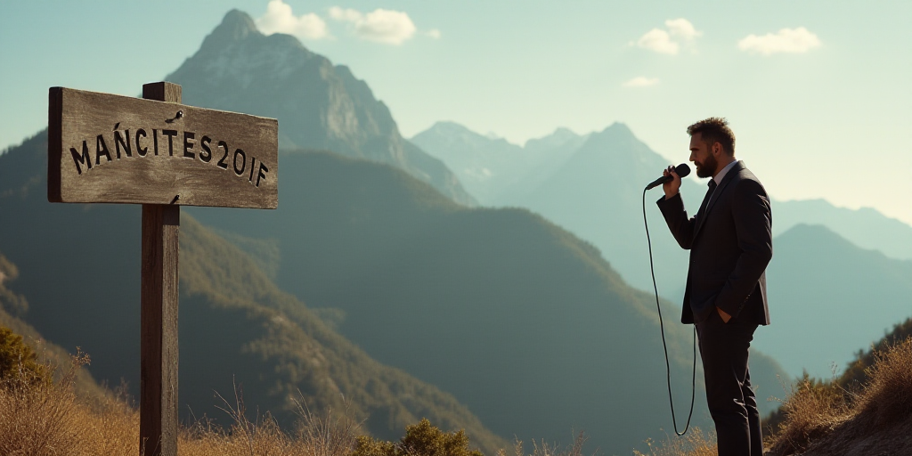 a man standing in front of a sign with a microphone in his hand and a mountain in the background, Ce