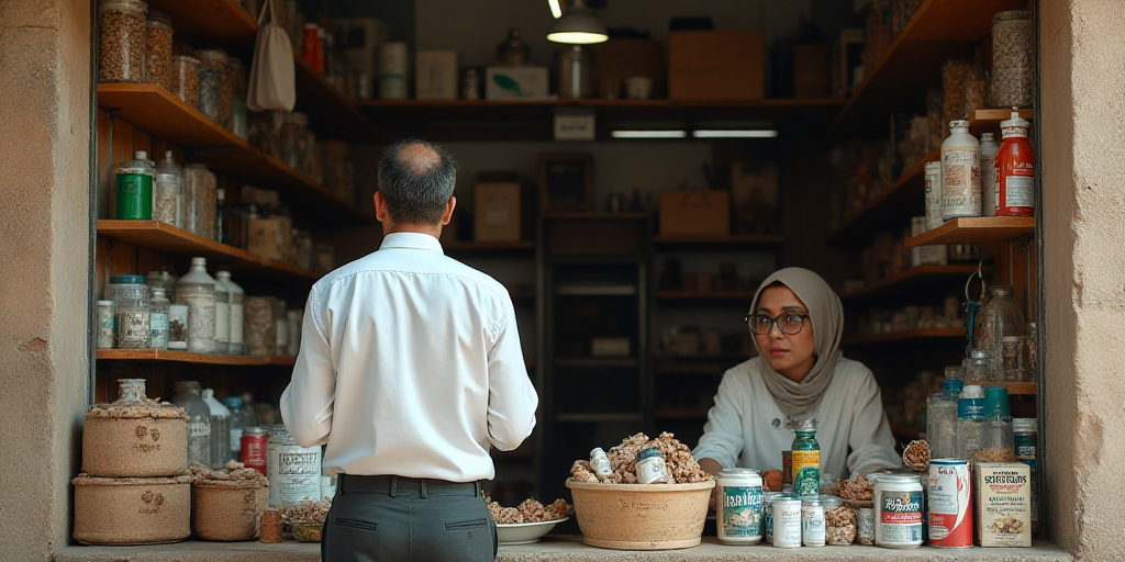 a man standing in front of a store filled with lots of items and a woman behind the counter looking