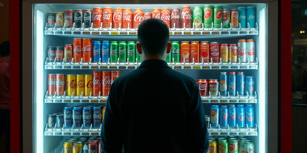 a man standing in front of a vending machine filled with soda cans and cans of sodas and water, Cui