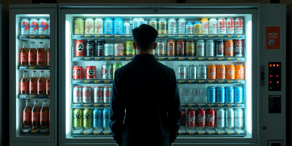 a man standing in front of a vending machine filled with soda cans and cans of sodas and water, Cui