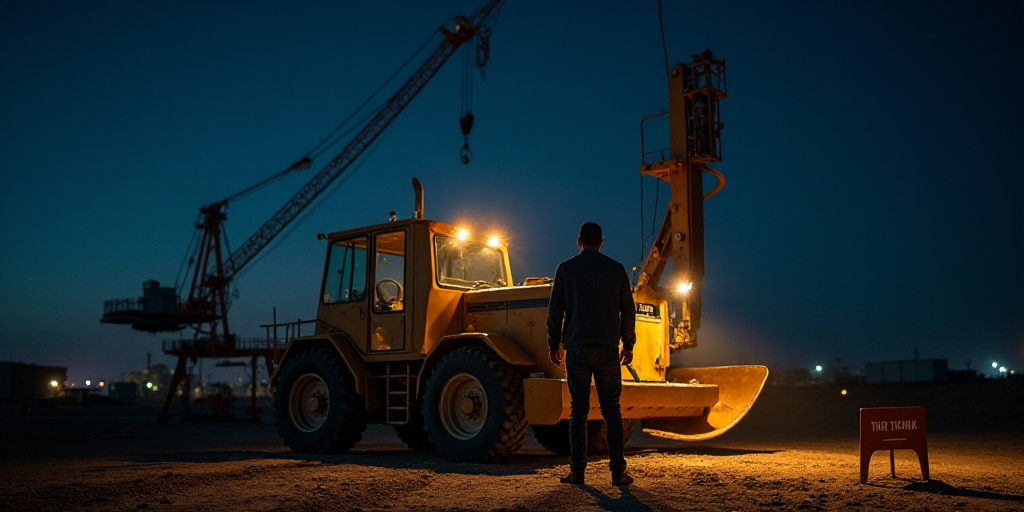 a man standing next to a construction vehicle in the dirt at night with a crane in the background an