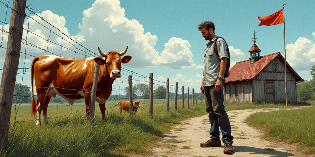 a man standing next to a fence near a cow and a building with a flag on it and a cow in the backgrou