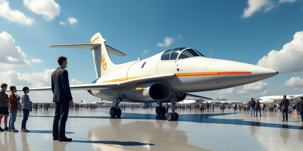 a man standing next to a model of a jet airplane on display at an air show with people looking at it
