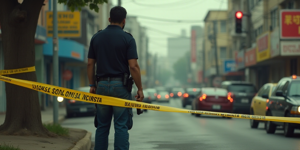 a man standing next to a police cord with a gun in his hand and a police tape on the ground, Estuard