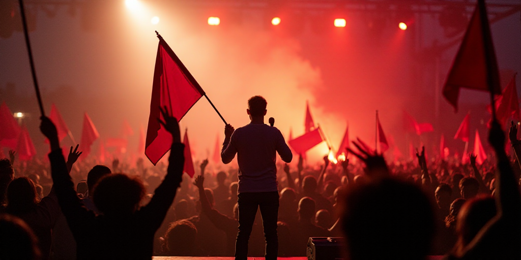 a man standing on a stage with a microphone in front of a crowd of people holding flags and waving,