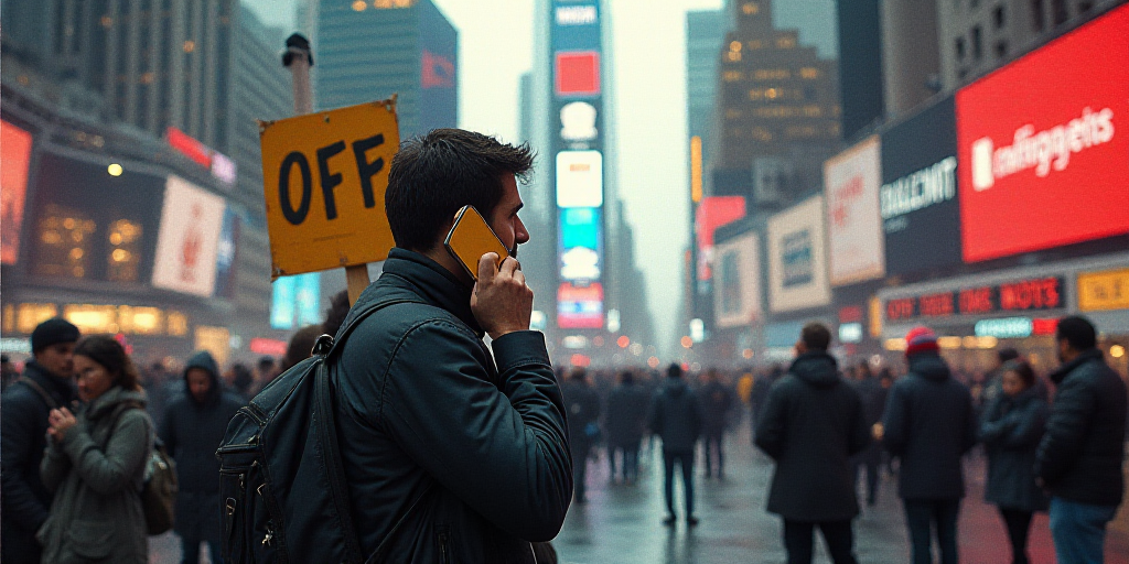 a man talking on a cell phone while standing in front of a crowd of people in a city with a sign tha