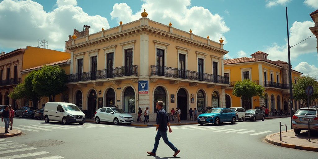 a man walking across a street in front of a building with cars parked in front of it and people walk