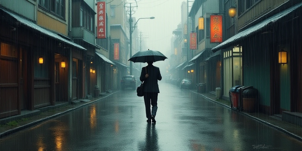 a man walking down a street in the rain with an umbrella over his head and a bag on his shoulder, An