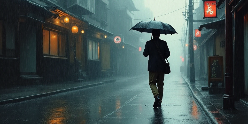 a man walking down a street in the rain with an umbrella over his head and a bag on his shoulder, An