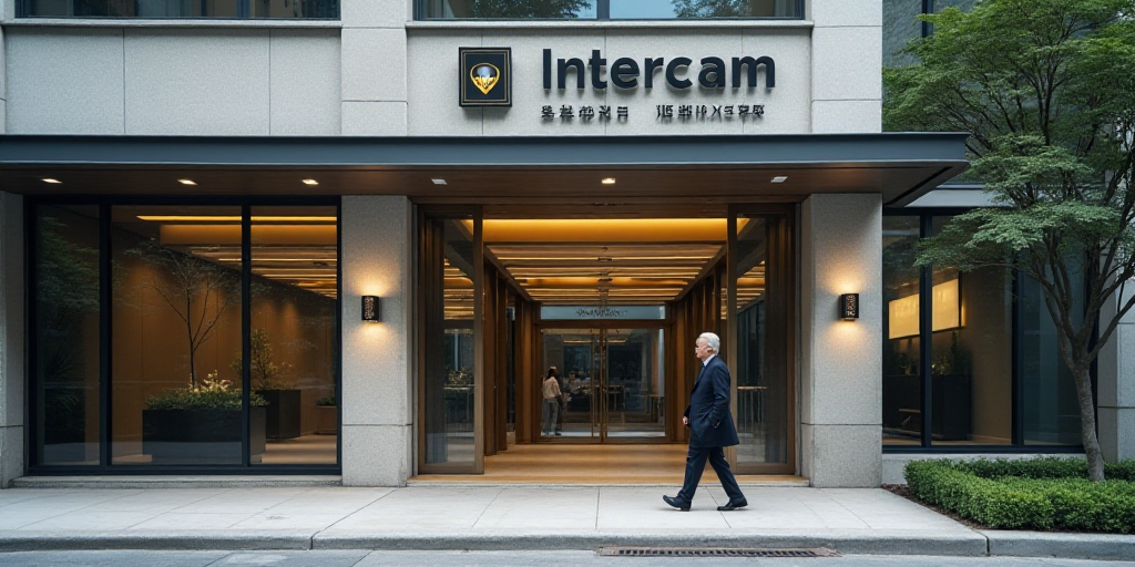 a man walking past a bank and a building with a sign on it that says intercam and a man walking past