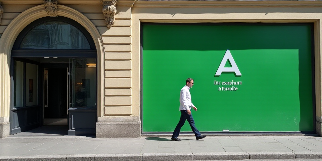 a man walking past a building with a green sign on it's side and a person walking past it, Andries S