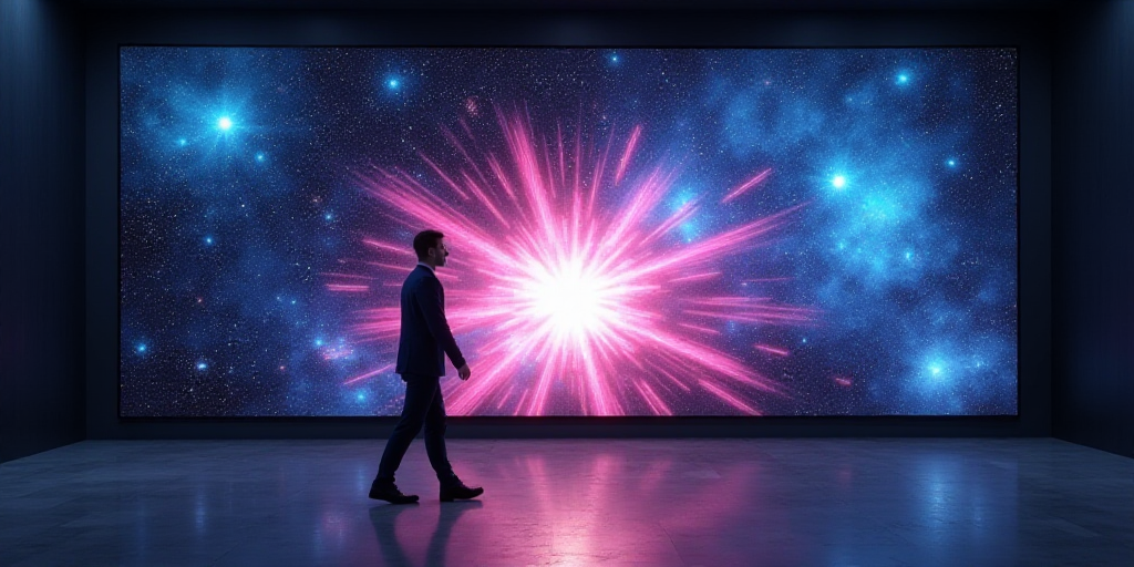 a man walking past a display of a large screen television with a logo on it's side and a star burst