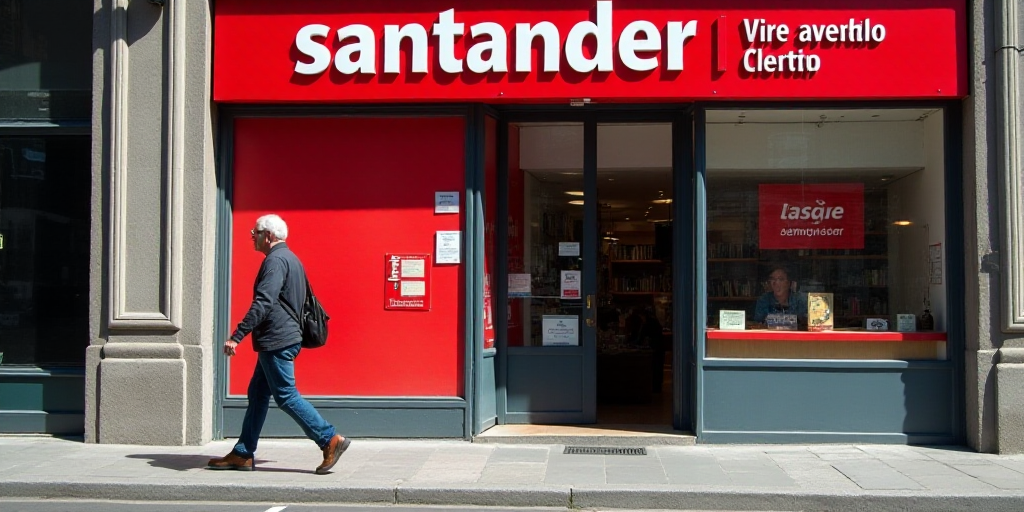a man walking past a store front with a red sign on it's side and a red and white sign that says san