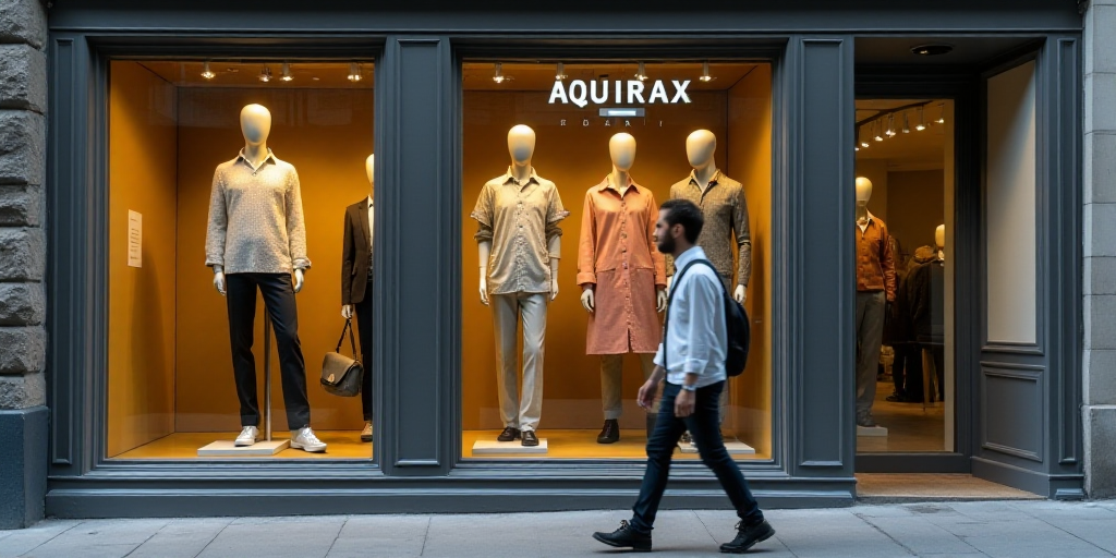 a man walking past a store window with mannequins in it's display case and a sign that says 3x2, Aqu