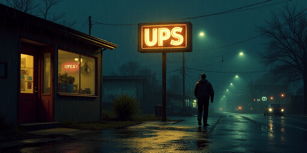 a man walking past a ups sign at night time with rain drops on the ground and a man walking past it,
