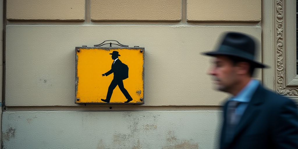 a man walking past a wall street sign on a building wall with a man walking past it and a man in a h