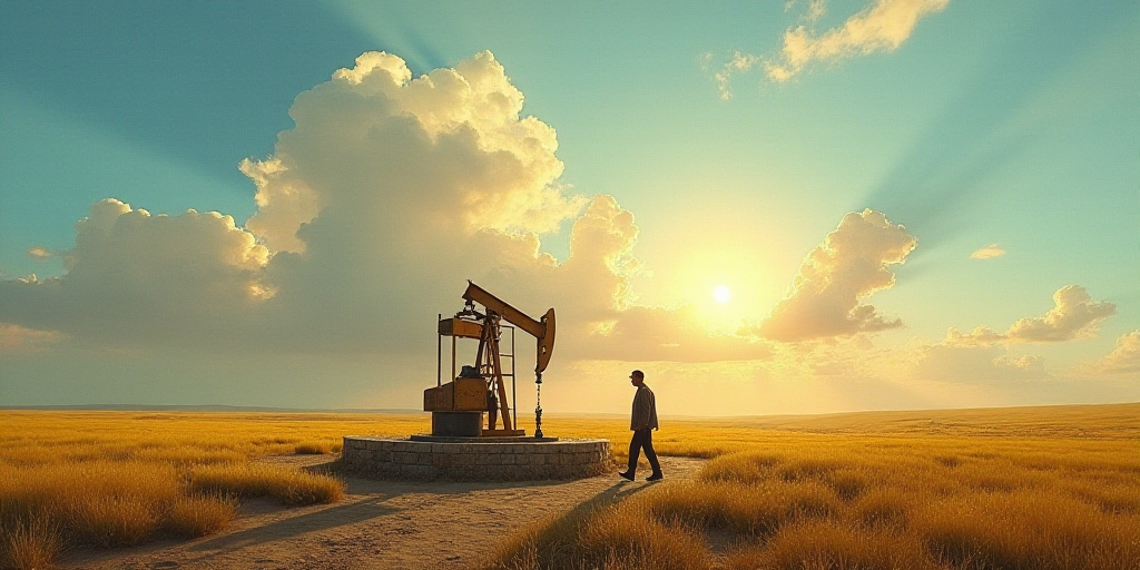 a man walking past a well in the middle of a field with a sky background and sun shining through the
