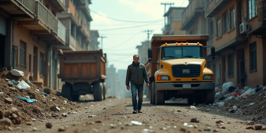 a man walking through a street filled with trash and debris in a city area with a truck and a dump t