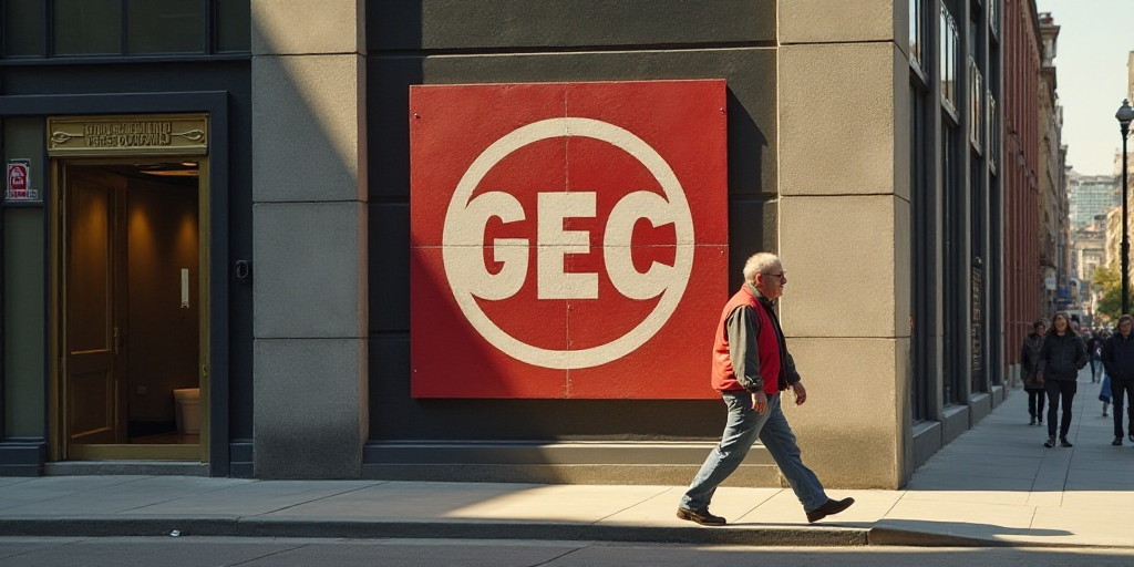 a man walks past a gec logo on a wall in a city, with a man in a red vest, Edward George Handel Luca