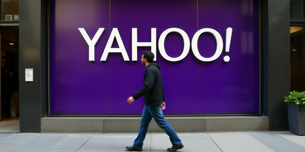 a man walks past a yahoo sign in front of a building in new york city, new york, u s, on friday, oct