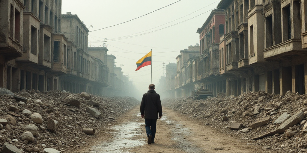 a man walks through a rubble - covered street in a city with buildings in the background and a flag