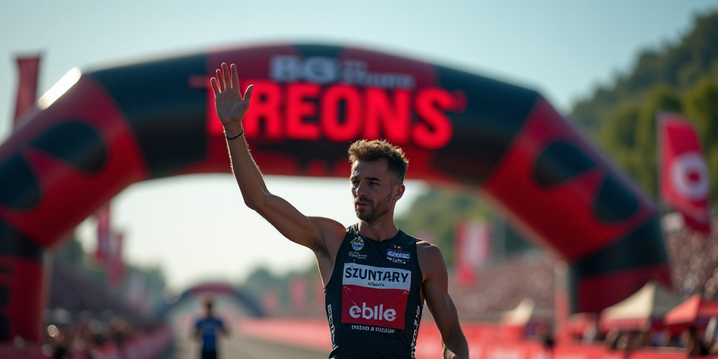 a man waves to the crowd at a race event in front of a red and black sign with a red and white desig