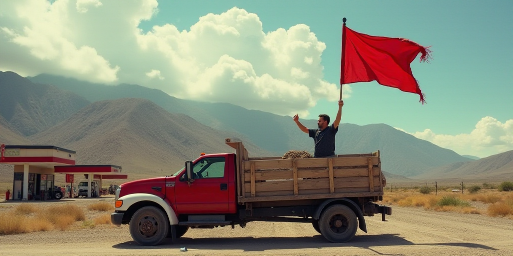 a man waving a red flag from the back of a truck in front of a gas station with a mountain in the ba