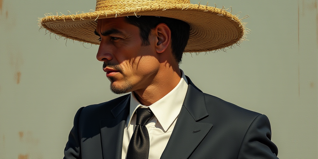 a man wearing a straw hat and a suit jacket with a tie and a tie on his shirt and pants, Estuardo Ma
