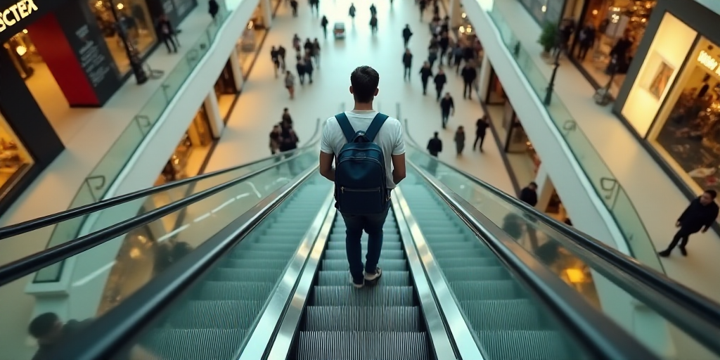 a man with a backpack is walking down a escalator in a mall with people walking around it, Ceferí O