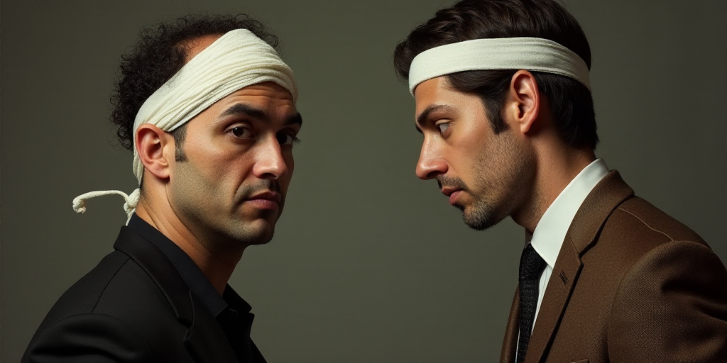 a man with a bandage on his head and another man with a bandage on his head and another man with a b