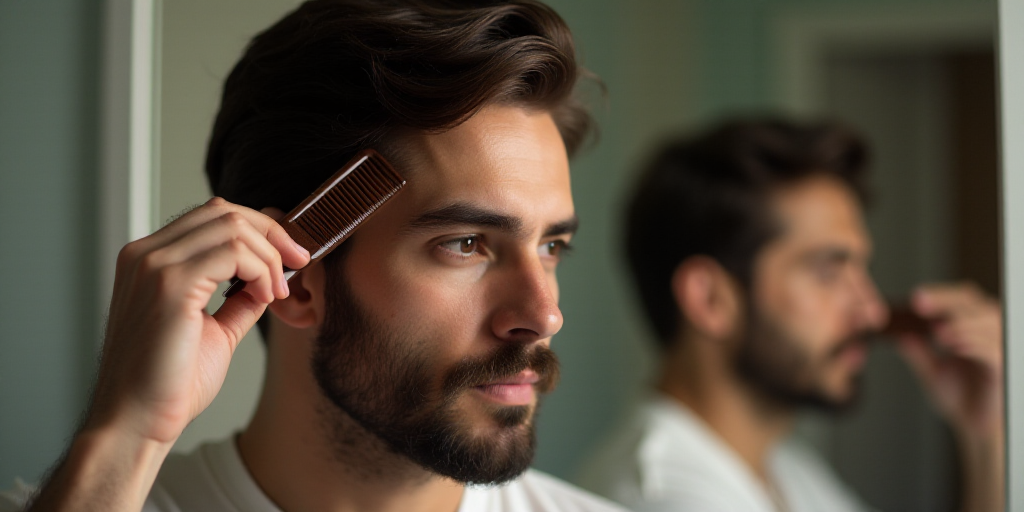 a man with a beard and a beard combing his hair with a comb and a mirror behind him, Dan Content, vf