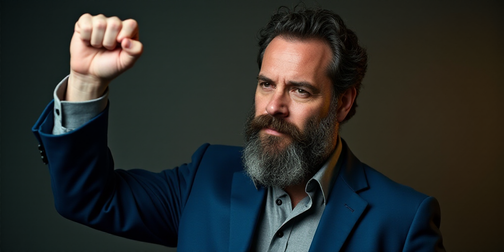 a man with a beard and a blue suit jacket is raising his fist up in a gesture with his right hand, D