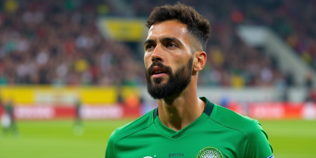 a man with a beard and a green shirt on a field with a crowd in the background and a yellow and whit