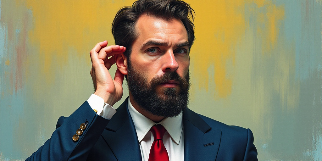 a man with a beard and a suit and tie is holding his hand up to his ear and looking at something, Ca