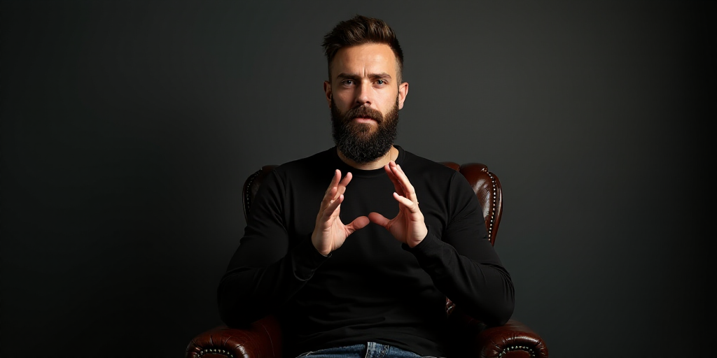 a man with a beard and black shirt is making a gesture with his hands while sitting in a chair, Beta