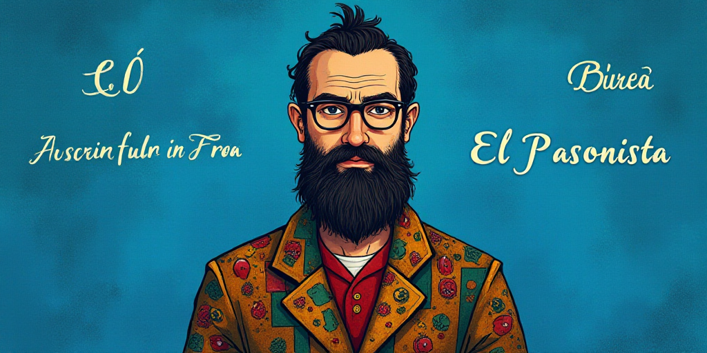 a man with a beard and glasses standing in front of a blue background with the words, el pasonista,