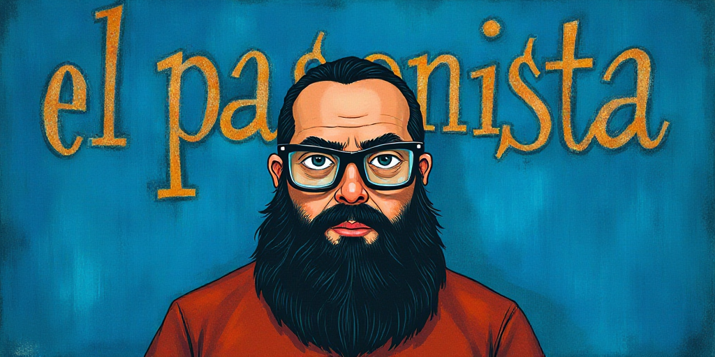 a man with a beard and glasses standing in front of a blue background with the words, el pasonista,