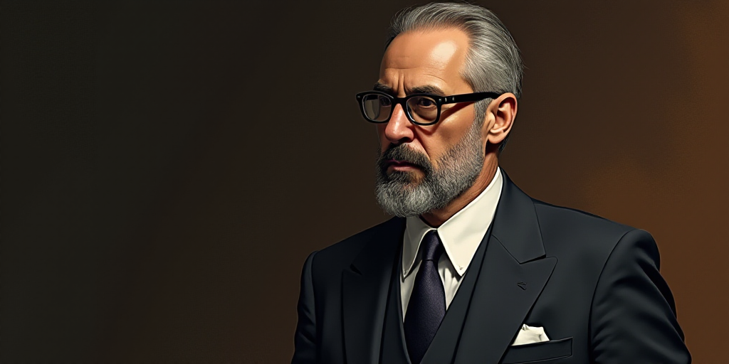 a man with a beard and glasses wearing a suit and tie looking off to the side with a serious look on