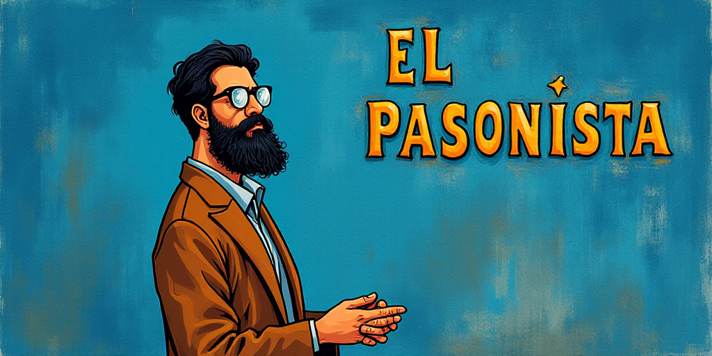 a man with a beard and glasses standing in front of a blue background with the words, el pasonista,